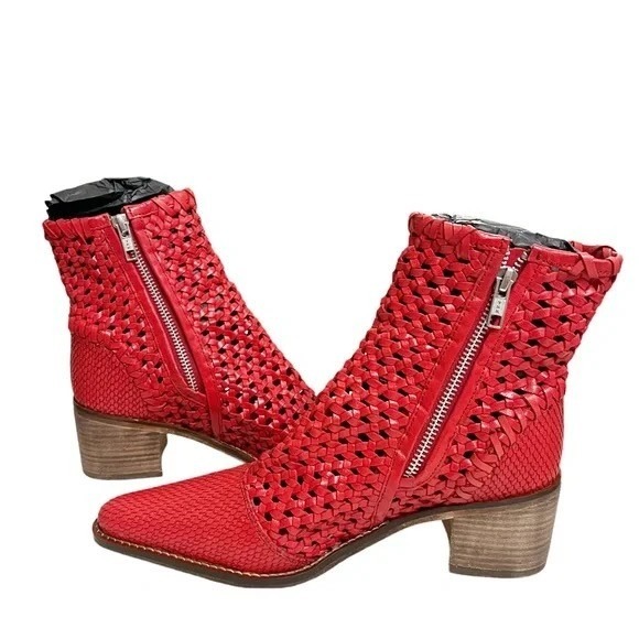 Free People In The Loop Woven Ankle Boots Flame Red Leather Size 37 NIB - Picture 5 of 9